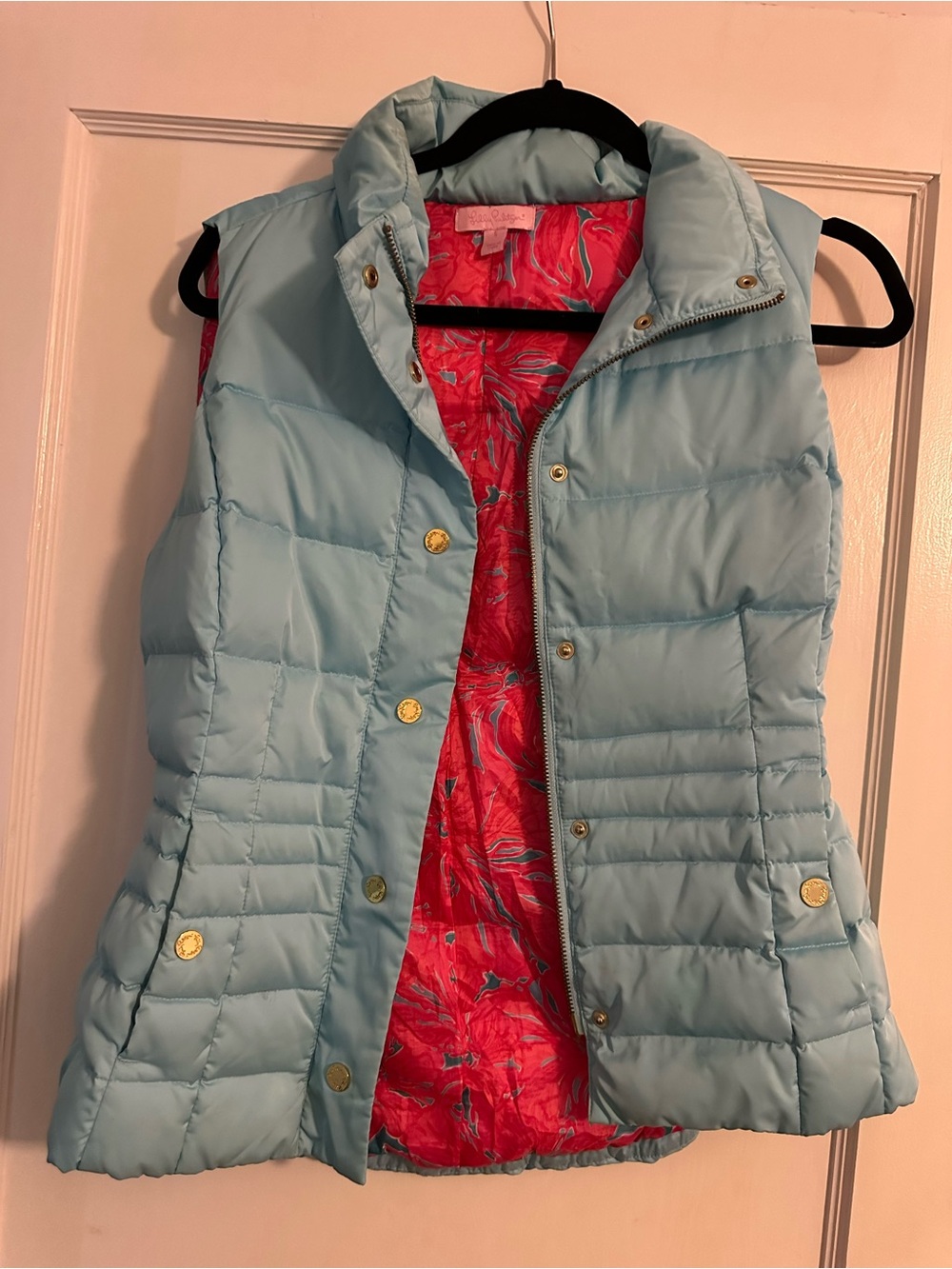 Lilly Pulitzer Light Blue Quilted Vest with Pink Printed Lining